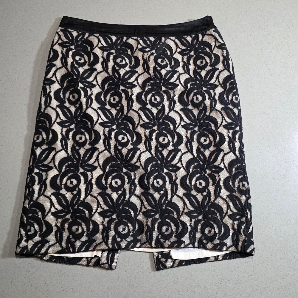 Ann Taylor Black Floral Rose Corded Lace Pencil Skirt Size 8 Satin Waistband